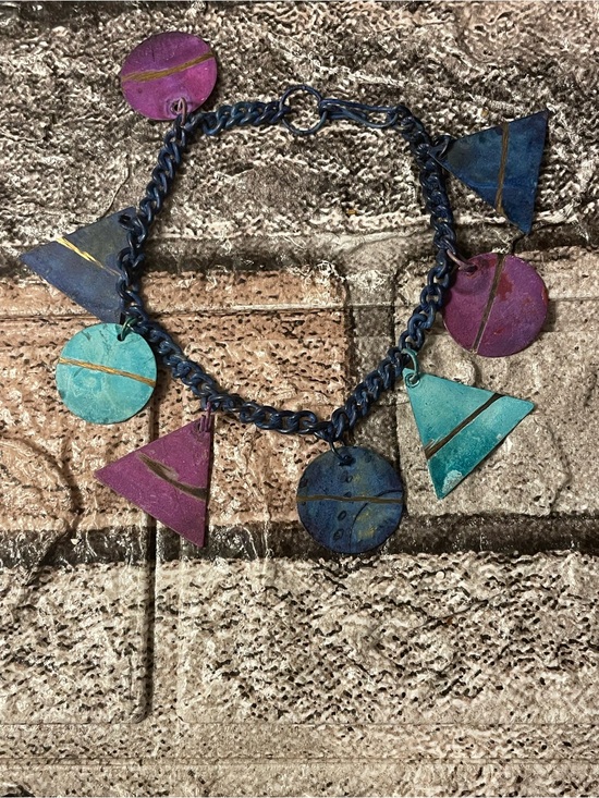 Handmade Jewelry - Vintage Style 1980s Hand Painted Brass Geometric Charm Bracelet